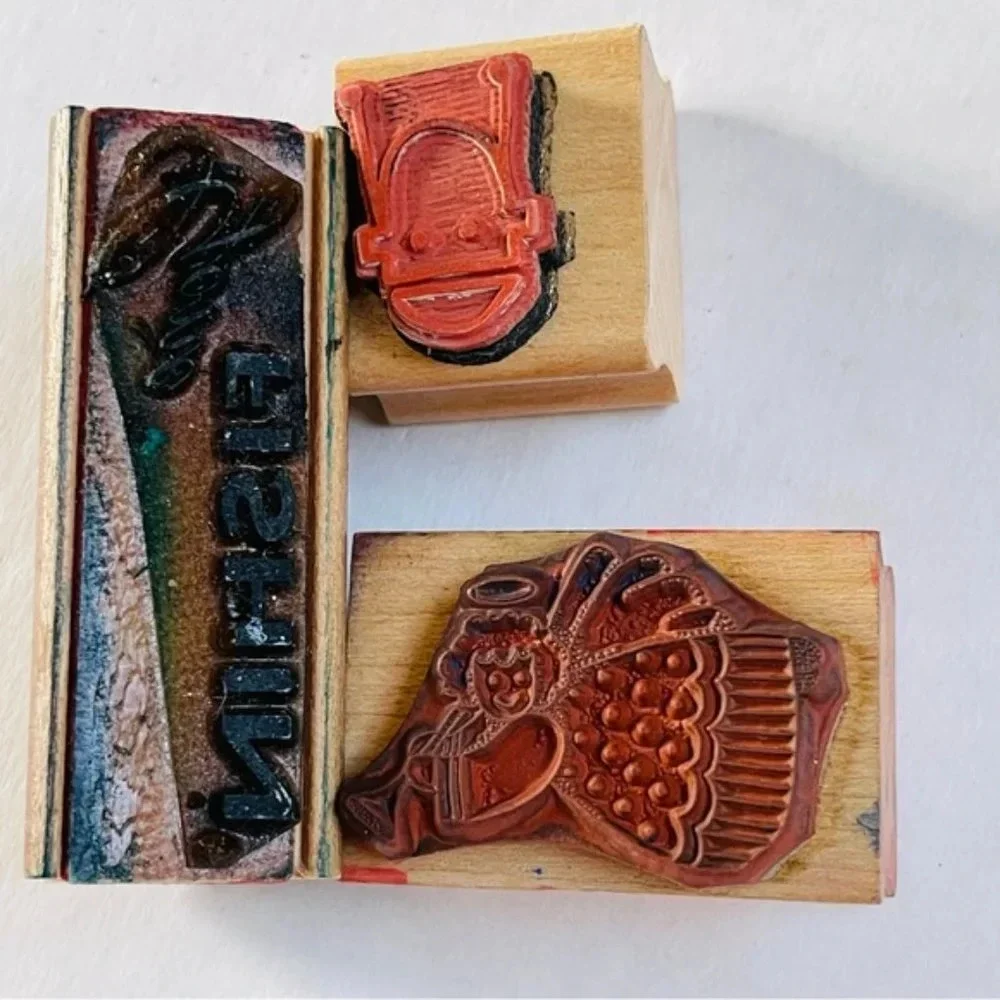 Wooden Rubber Stamp Angel Trumpet Monkey Fishin Lot of 3 Scrapbooking Arts Craft